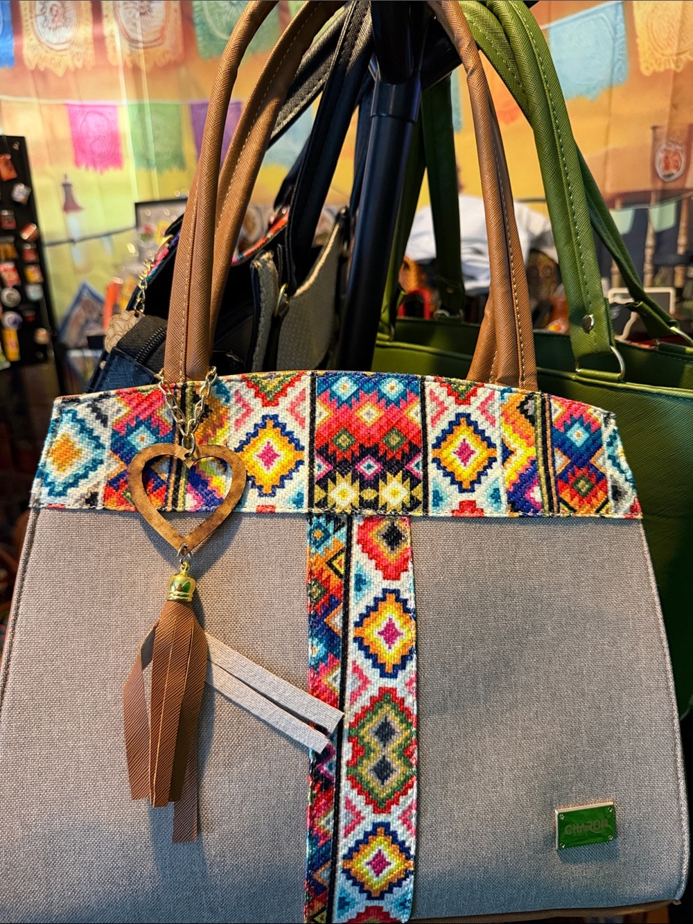 Unknown Brand Gray Tote with Multicolor Embroidered Accent